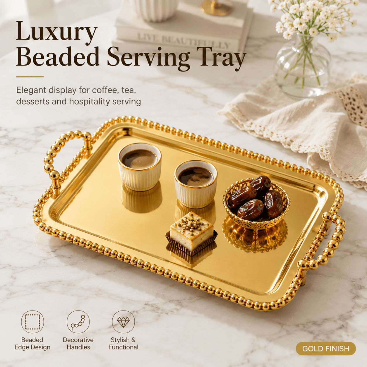 Luxury Beaded Metal Serving Tray with Handles — VT-TR-001